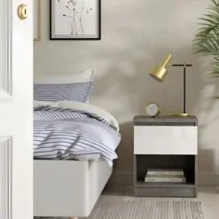 Comodino 1 Cassetto Vano Contenitore Effetto Cemento per Camera da Letto