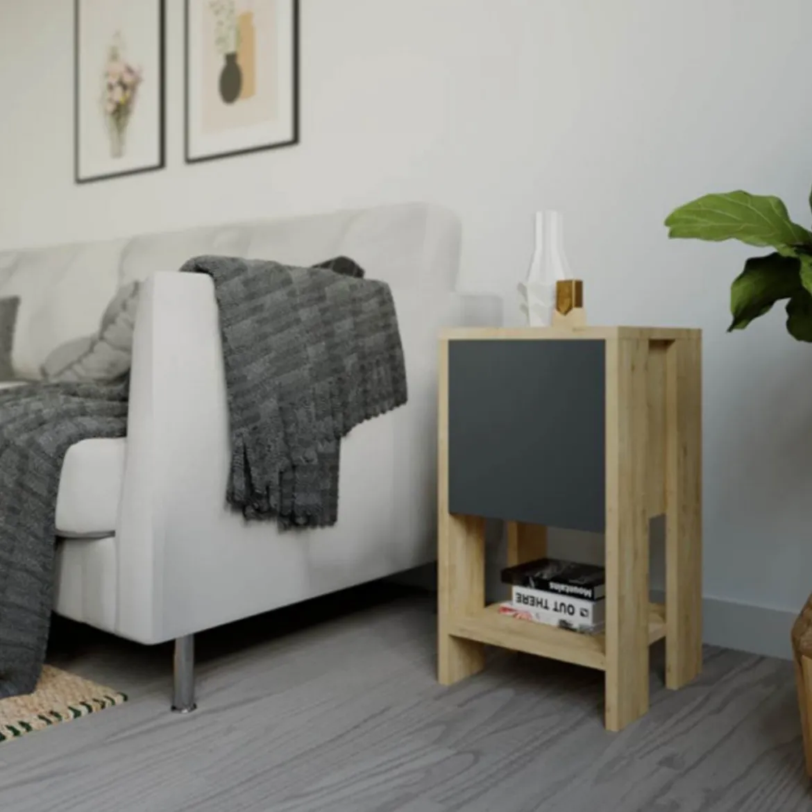 Comodino con Anta a Ribalta Salvaspazio e Ripiano per Camera da Letto