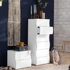 Comodino con 2 Cassetti Onda in Legno Bianco Lucido Camera da Letto