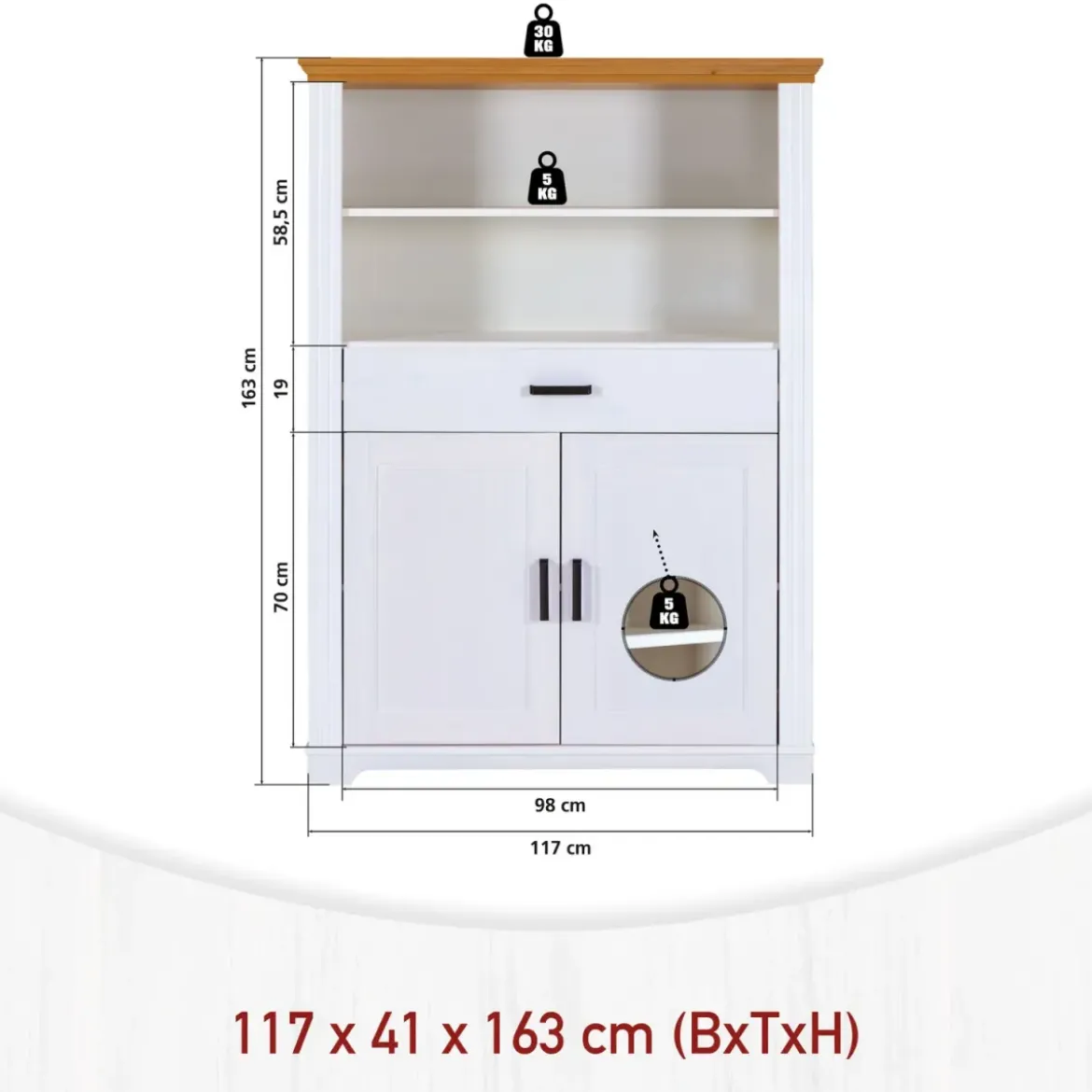 Credenza Alta da Cucina in Legno Bianco Rovere Ante Cassetti Ripiani