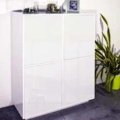 Credenza Alta da Soggiorno 100 cm Bianco Laccato Lucido 4 Ante 6 Vani