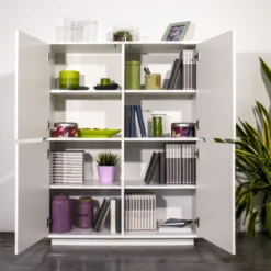 Credenza Alta da Soggiorno 100 cm Bianco Laccato Lucido 4 Ante 6 Vani