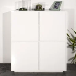 Credenza Alta da Soggiorno 100 cm Bianco Laccato Lucido 4 Ante 6 Vani