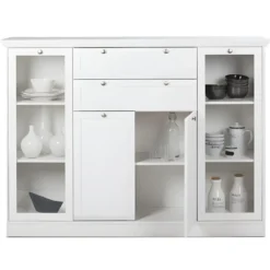 Credenza 4 Ante 2 cassetti Vetrina e Ripiani da Soggiorno Classico Bianco