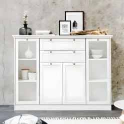 Credenza 4 Ante 2 cassetti Vetrina e Ripiani da Soggiorno Classico Bianco