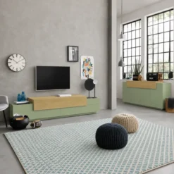 Credenza Cucina Soggiorno Verde Salvia Rovere 5 Ante Battenti Ribalta