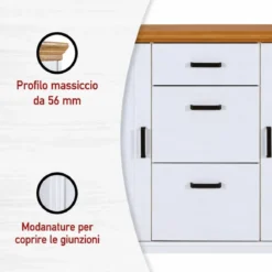 Credenza da Cucina in Legno Massello Bianco Rovere 2 Ante 3 Cassetti