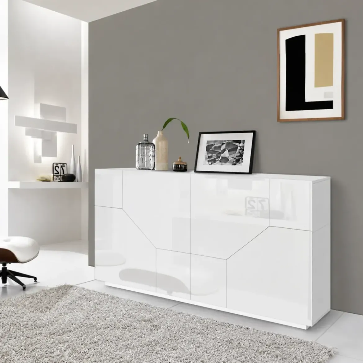 Credenza da Soggiorno 200 cm Bianco Laccato Lucido 4 Ante 2 Ripiani