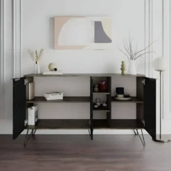 Credenza Madia 3 Ante con Nicchie Effetto Marmo Nero per Soggiorno