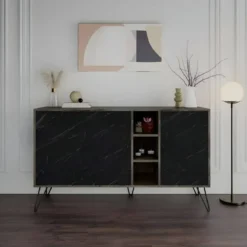 Credenza Madia 3 Ante con Nicchie Effetto Marmo Nero per Soggiorno