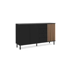 Credenza Madia 3 Ante e 4 Cassetti Nero con listelli Rovere