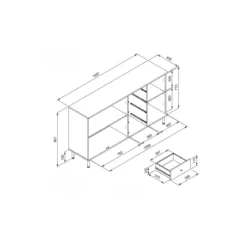Credenza Madia 3 Ante e 4 Cassetti Nero con listelli Rovere