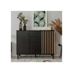 Credenza Madia 2 Ante e 4 Cassetti Nero con listelli Rovere