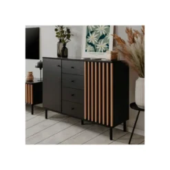 Credenza Madia 2 Ante e 4 Cassetti Nero con listelli Rovere