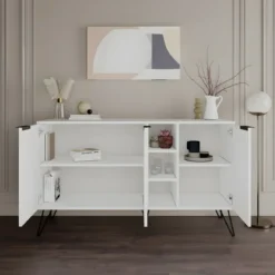 Credenza Madia con Nicchie 3 Ante Bianco per Soggiorno Gambe Metalliche