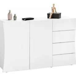 Credenza Mobile Bianco Lucido con 4 Cassetti e 2 Ante Madia Moderna