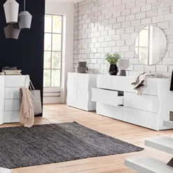Credenza Orizzontale con 6 Cassetti Bianco Lucido per Soggiorno Madia