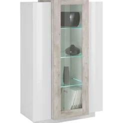 Credenza Vetrina con 3 Ante Mobile Moderno da Ingresso Bianco e Cemento