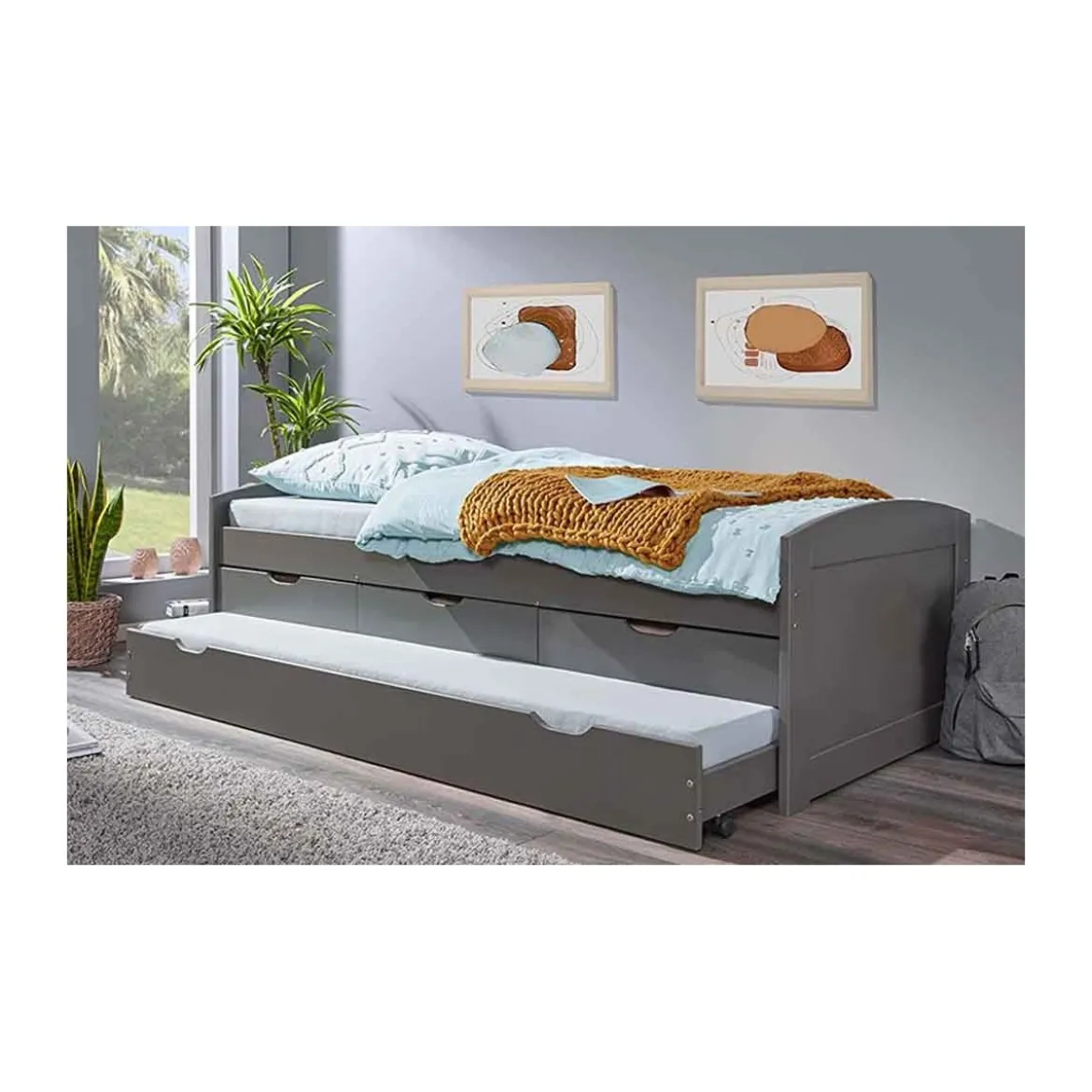 Divano Letto 2 Letti Singoli Doghe 90x200 Grigio Cassetti Contenitore Estraibile