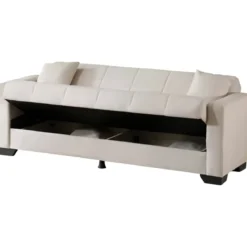 Divano Letto 3 Posti in Tessuto Crema con Contenitore 213x81x83 cm