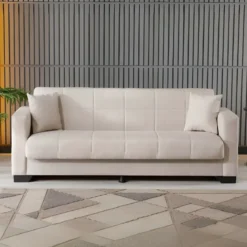 Divano Letto 3 Posti in Tessuto Crema con Contenitore 213x81x83 cm