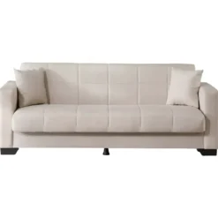 Divano Letto 3 Posti in Tessuto Crema con Contenitore 213x81x83 cm