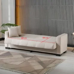 Divano Letto 3 Posti in Tessuto Crema con Contenitore 213x81x83 cm