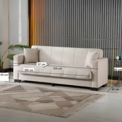 Divano Letto 3 Posti in Tessuto Crema con Contenitore 213x81x83 cm