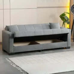 Divano Letto 3 Posti in Tessuto Grigio con Contenitore 213x81x83 cm