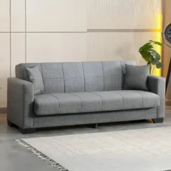 Divano Letto 3 Posti in Tessuto Grigio con Contenitore 213x81x83 cm