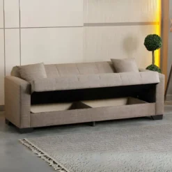 Divano Letto 3 Posti in Tessuto Cammello con Contenitore 213x81x83 cm