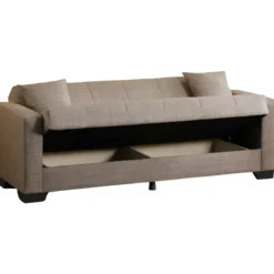 Divano Letto 3 Posti in Tessuto Cammello con Contenitore 213x81x83 cm
