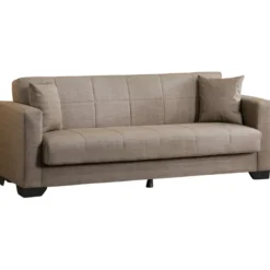 Divano Letto 3 Posti in Tessuto Cammello con Contenitore 213x81x83 cm