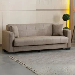 Divano Letto 3 Posti in Tessuto Cammello con Contenitore 213x81x83 cm