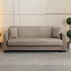 Divano Letto 3 Posti in Tessuto Cammello con Contenitore 213x81x83 cm