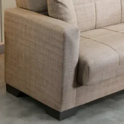 Divano Letto 3 Posti in Tessuto Cammello con Contenitore 213x81x83 cm