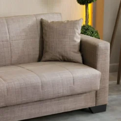 Divano Letto 3 Posti in Tessuto Cammello con Contenitore 213x81x83 cm