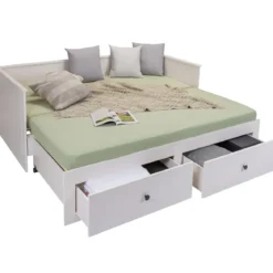 Divano Letto Singolo 90x200 cm in Legno Bianco con 2 Cassetti