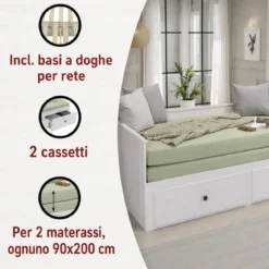 Divano Letto Singolo 90x200 cm in Legno Bianco con 2 Cassetti