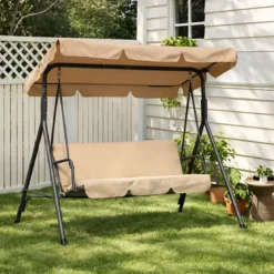 Dondolo 3 Posti Telo Beige in Acciaio da Esterno Balcone Giardino