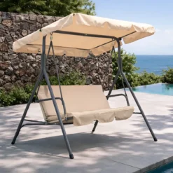 Dondolo 3 Posti Telo Beige in Acciaio da Esterno Balcone Giardino