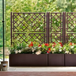Fioriera Quadrata 43x43 con Spalliera in Pvc Antracite Da Esterno Balcone Vaso