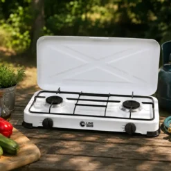 Fornello a Gas GPL 2 Fuochi Portatile 4,4 kW con Coperchio da Esterno