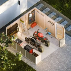 Garage in Legno 368x354 cm Grigio a Pannelli Box con Porta Elettrica