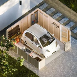 Garage in Legno 368x354 cm Grigio a Pannelli Box con Porta Elettrica