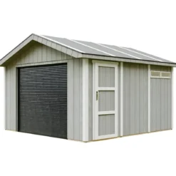 Garage in Legno 368x354 cm Grigio a Pannelli Box con Porta Elettrica