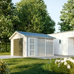 Garage in Legno 368x354 cm Grigio Scuro Pannelli Box Porta Elettrica