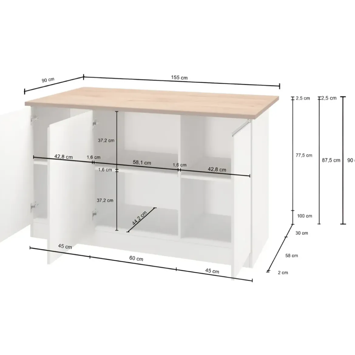 Isola Cucina 3 Ante Antracite Report 155x90x90 cm Legno Nobilitato