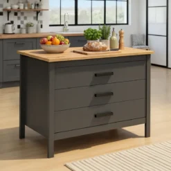 Isola da Cucina Antracite Rovere Tavolo Bar con 3 Cassetti Soft-Close