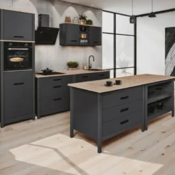 Isola da Cucina Antracite Rovere Tavolo Bar con 3 Cassetti Soft-Close